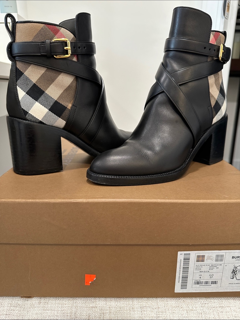 Burberry Pryle Block Heel Booties Black Leather Ankle Boots with Check Panel